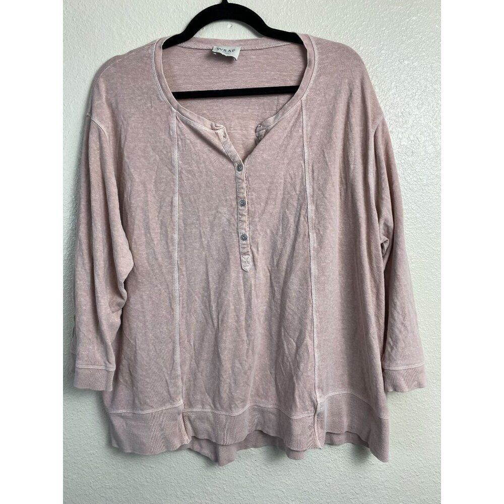 Wrap Hemp Blend Pop over 3/4 Sleeve Top Women Size 16 Relaxed Jersey Pastel
